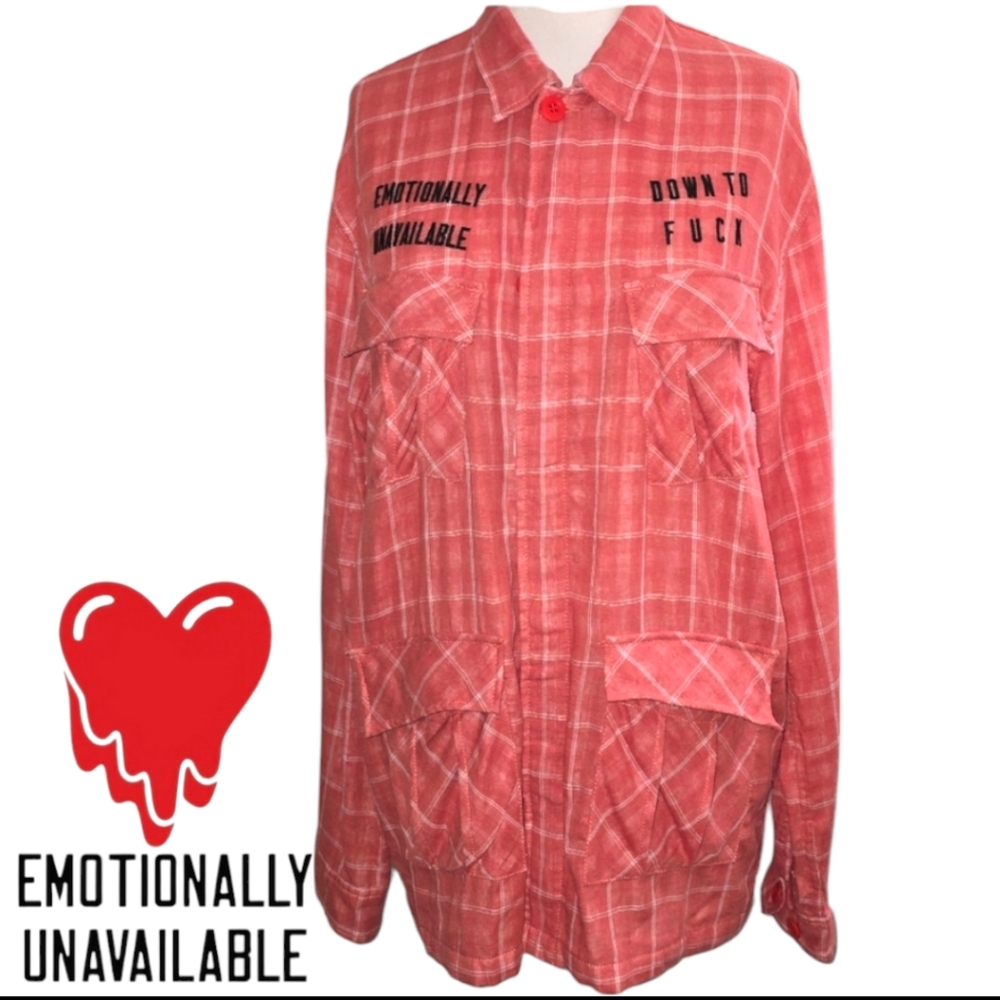 Emotionally Unavailable Chestnut Hidden Button 4 pocket Linen Shirt Size Large